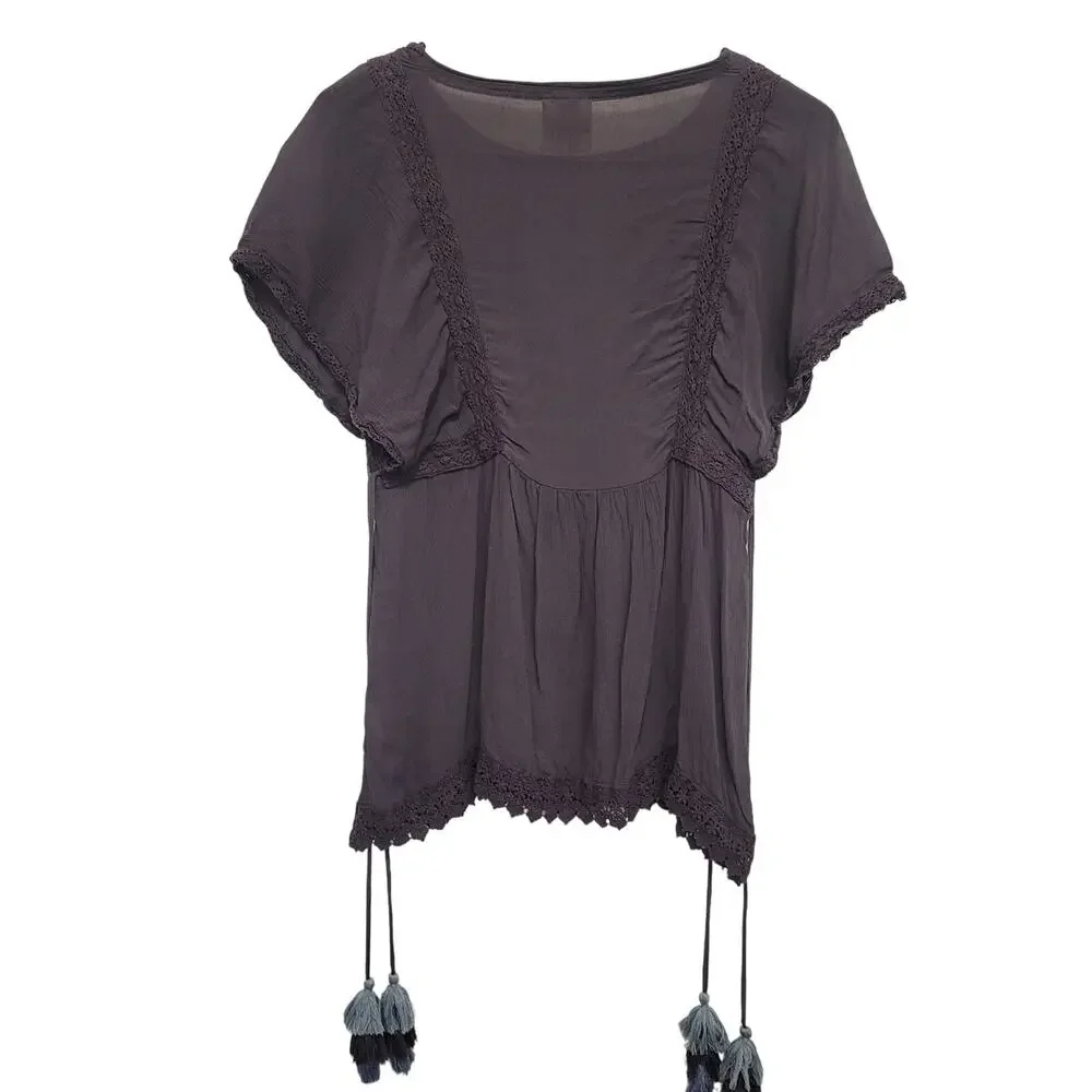 Knox Rose Gray Boho Top Tassel Hem Crochet Trim Gauze Festival XS - Picture 3 of 7